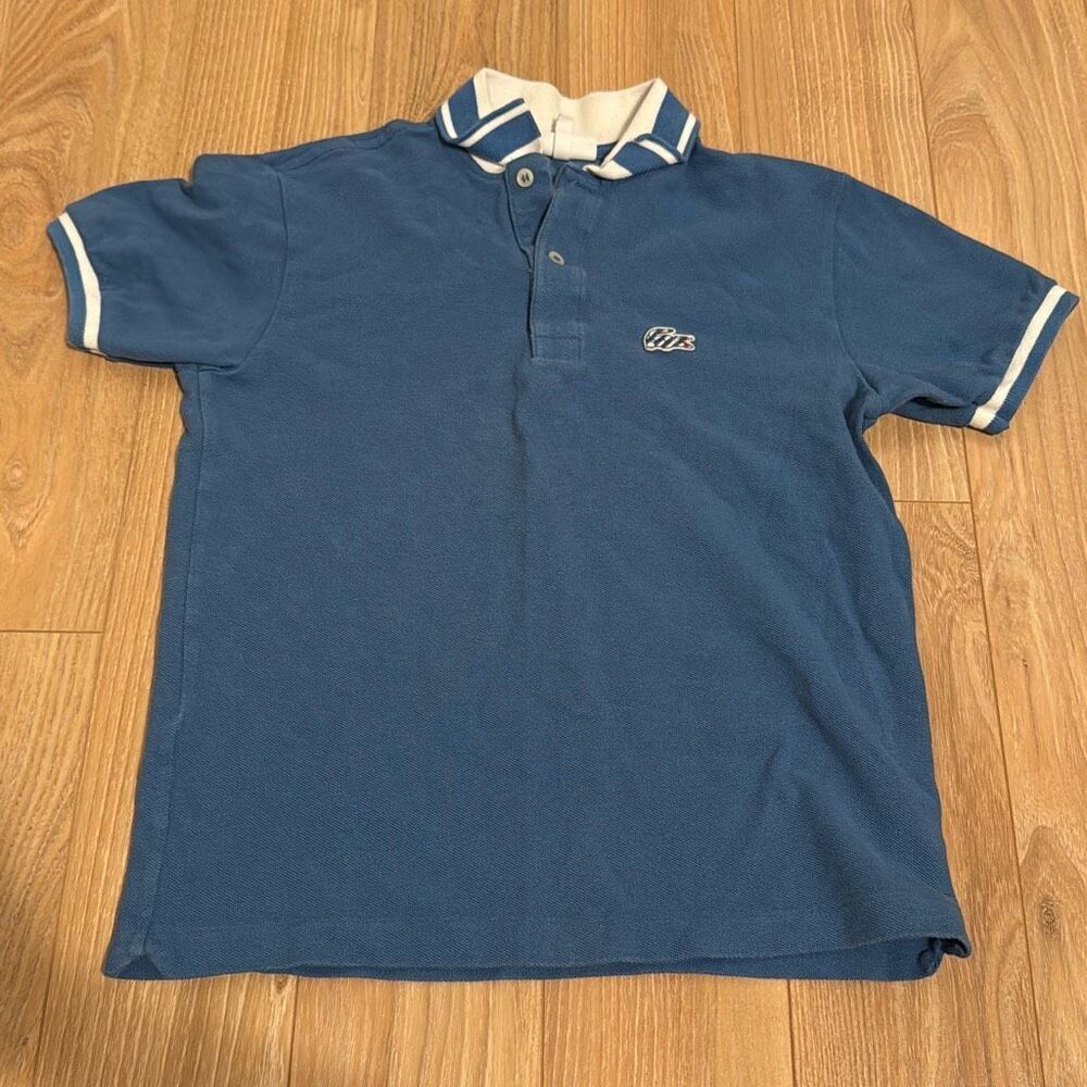 Lacoste boys blue and white striped‎ collar polo t shirt size 12